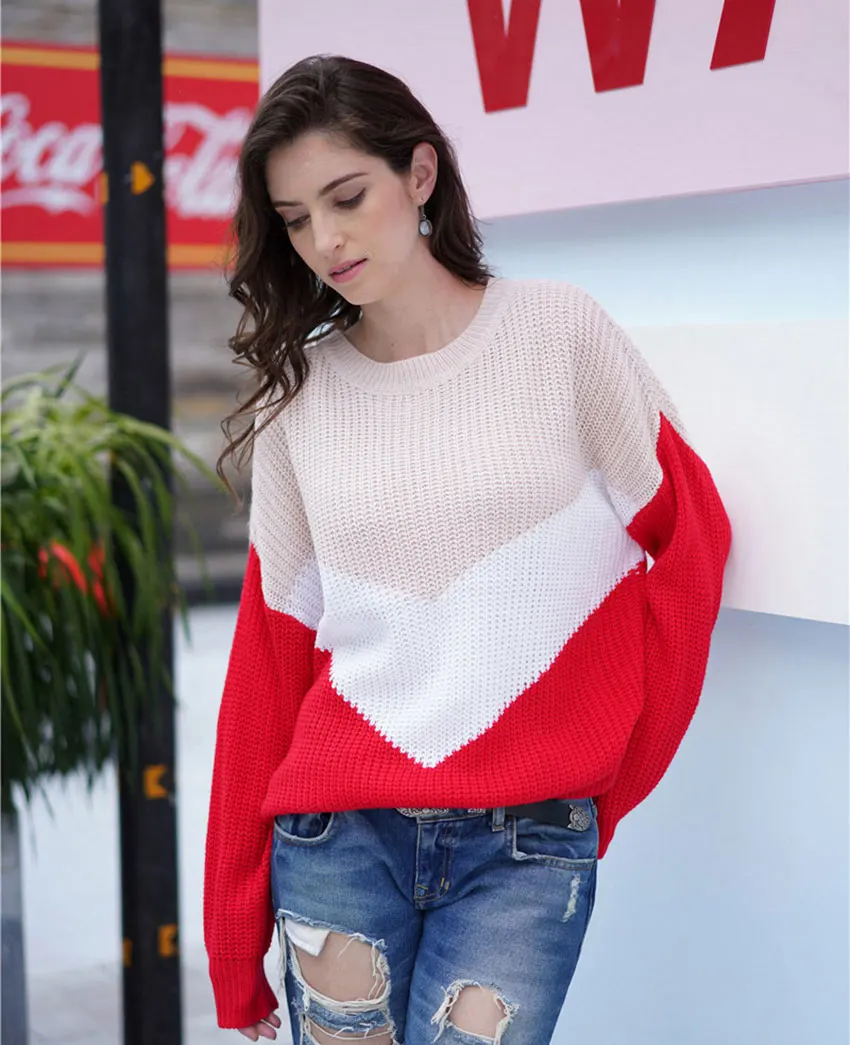 Red OOTN лоскутный вязаный женский пуловер Повседневный свитер с круглым вырезом и длинными рукавами женский осенне-зимний свободный джемпер осень уличная одежда - Цвет: Red