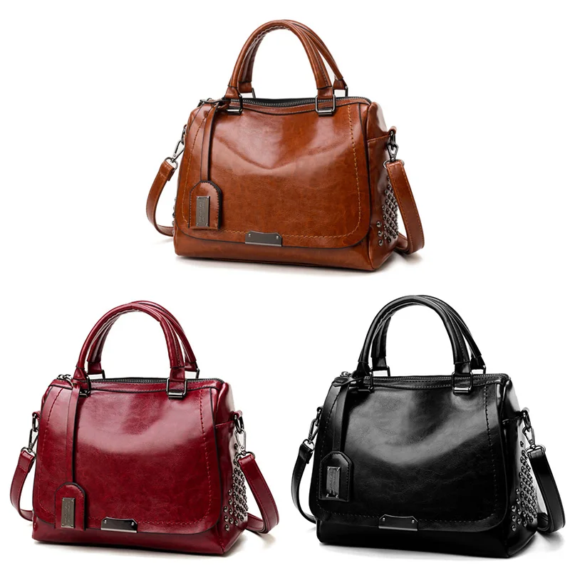 

Женская модная однотонная сумка через плечо с заклепками, сумка-мессенджер, вместительные сумки-тоуты