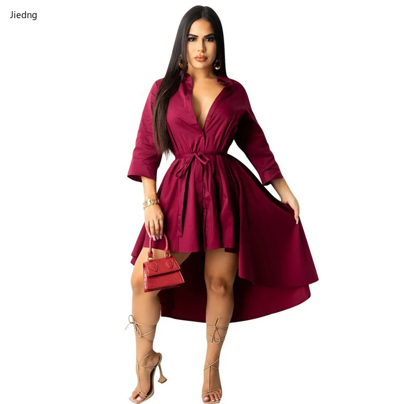 

Fashion Elegant Women Dresses Women V-Neck Long Sleeve Dresses Fall A-Line Solid color Woemn Casual Shirt Dresses