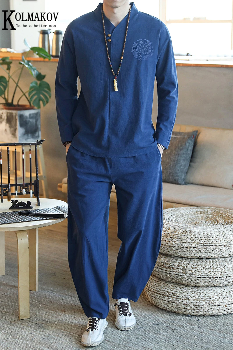 

KOLMAKOV Japan Style Mens Cotton and Linen Long Sleeved T-shirt+Pant Sets Men Solid Sport Suit Casual Tracksuit Male Size M-5XL