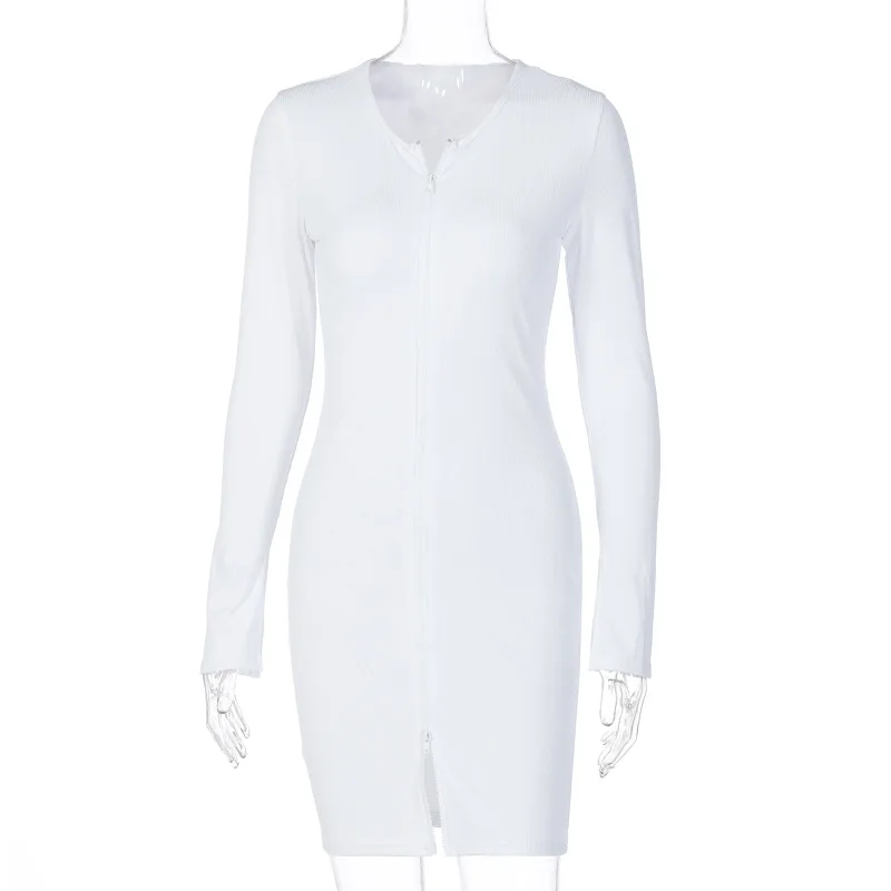 

Europe America Hot Sale Sexy Zipper Dress 2021 Autumn New Fashion V Neck Long Sleeve Mini Party Nightclub Solid Color Mini Dress