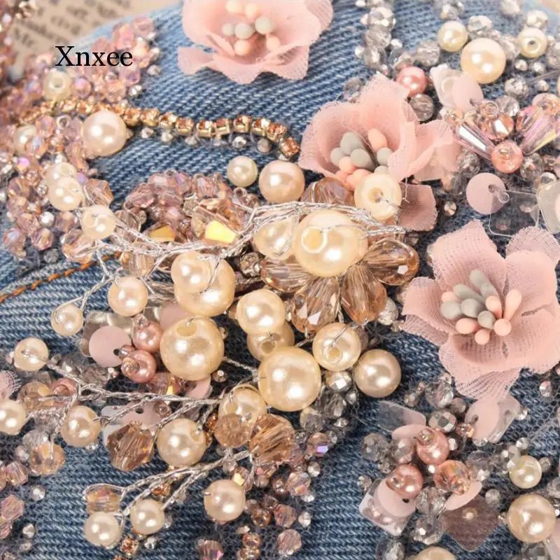 Платье с цветочным узором украшенное жемчужинами бусины джинсовые бюстье