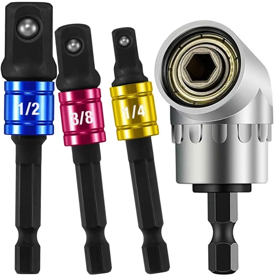 

Hex Shank Male Socket Adapters Set, 1/4 Inch Hex Shank To 1/4 3/8 1/2 Socket Square Nut Drive, 105 Degree Right Angle Driver