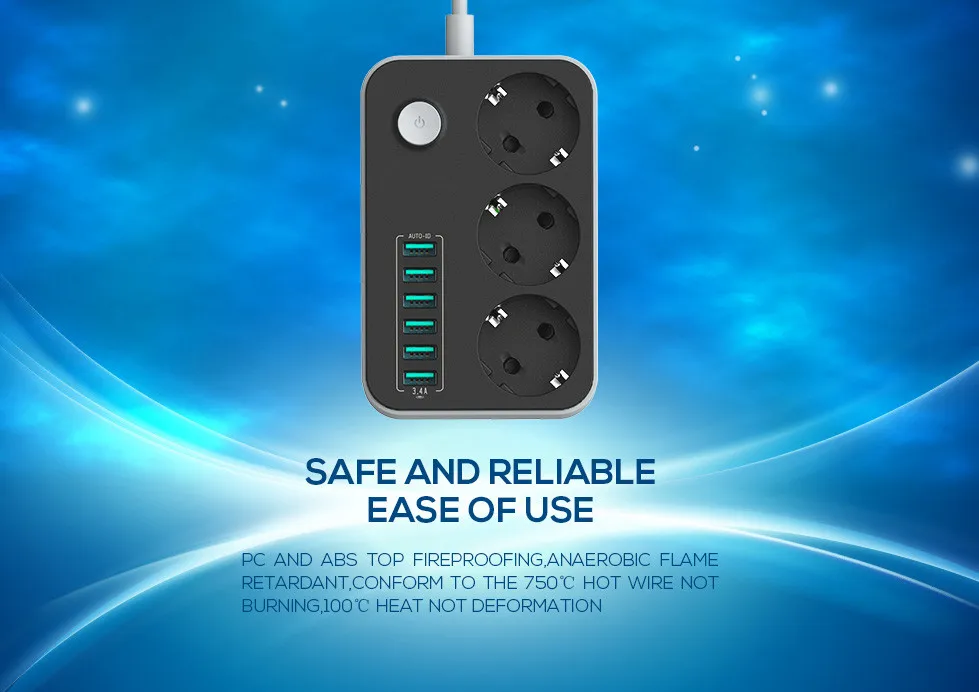 LDNIO, умный USB адаптер, зарядное устройство, 6 портов, 5 В, 3.4A, 2.4A, 3 розетки переменного тока, ЕС, розетка, удлинитель для Iphone 8 X, Xiaomi Mi9