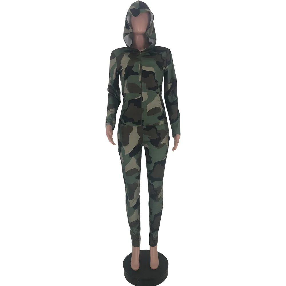 Conjunto de Sudadera con capucha de camuflaje deportivo para mujer, chándal de dos piezas con cremallera, trajes a Juego de 2 piezas, Otoño e Invierno