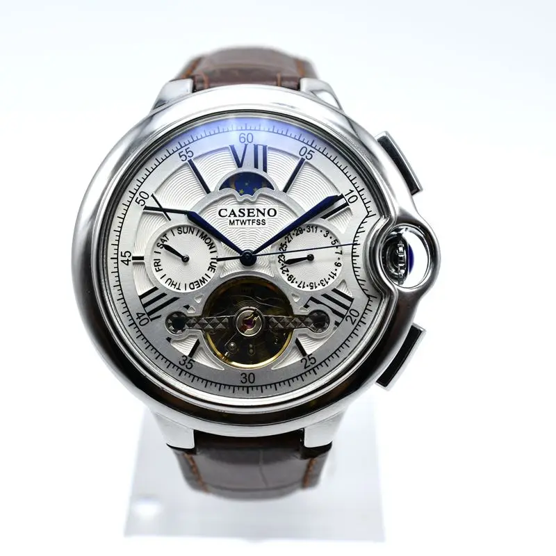 1 CASENO роскошный кожаный ремешок tourbillon Мужские механические часы дропшиппинг день Дата Скелет Золотые часы Мужские автоматические наручные часы - Цвет: 1