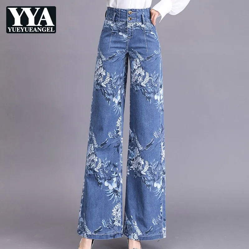 

Женские широкие джинсы, винтажные свободные брюки до пола с цветочным принтом, уличная одежда, повседневные женские брюки