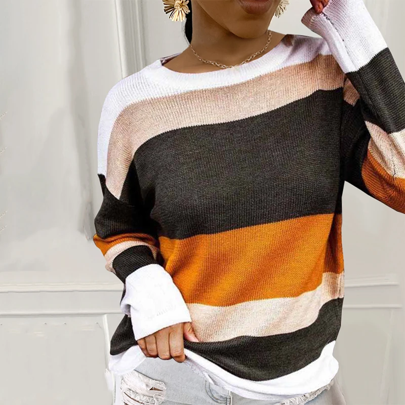 

Women Fashion Casual Long Sleeve Pullovers Top Brief Cozy Color Block Sweater Tops