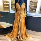 Реальное изображение арабский вечернее платье золотым сатиновым одежда с длинным рукавом Кафтан с V-образным, платье с аппликацией, променадов для изготовление на заказ; Большие размеры
