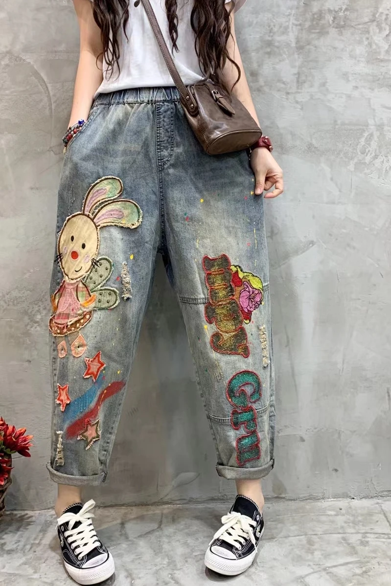 

2021 Summer New Cartoon Pattern Patchwork Denim Pants Female Vintage Worn Loose Elastic Waist Harem Pants for Ladies