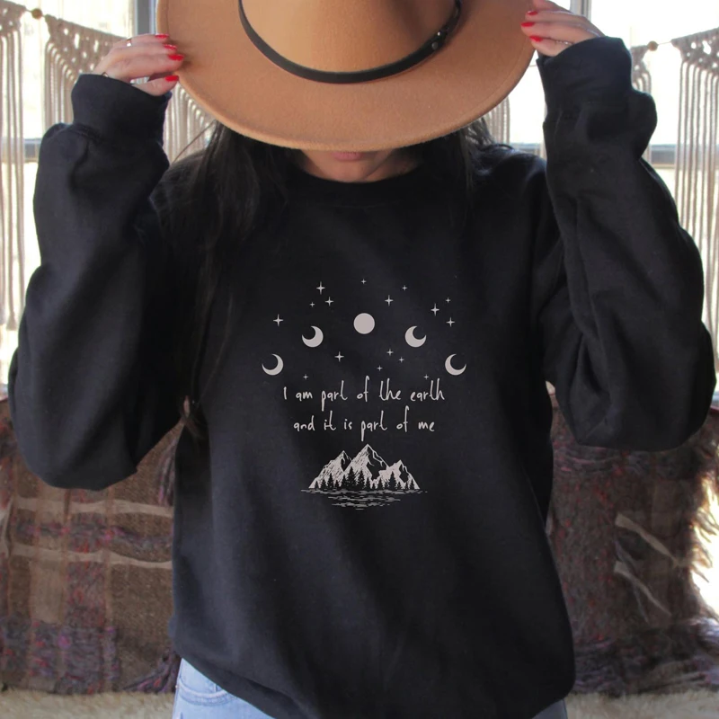 

I Am Part Of The Earth Sweatshirt Aesthetic Moon And Stars Nature Lover Pullovers Boho Women Graphic Hiking Outdoor Sweatshirts