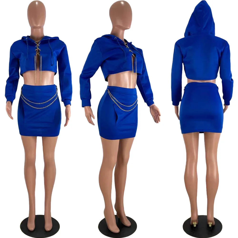 

Chain Drawstring Clubwear Two Piece Set for Women Matching Sets Long Sleeve Hoodies Crop Top Mini Skirt Set Sexy 2 Piece Outfits