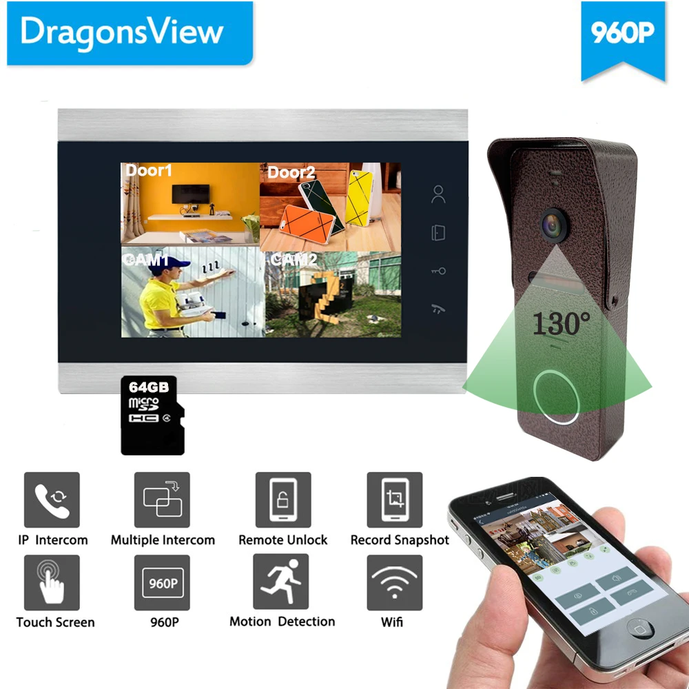 Видеодомофон Dragonsview 7 дюймов AHD Wi Fi беспроводной дверной звонок камера телефон