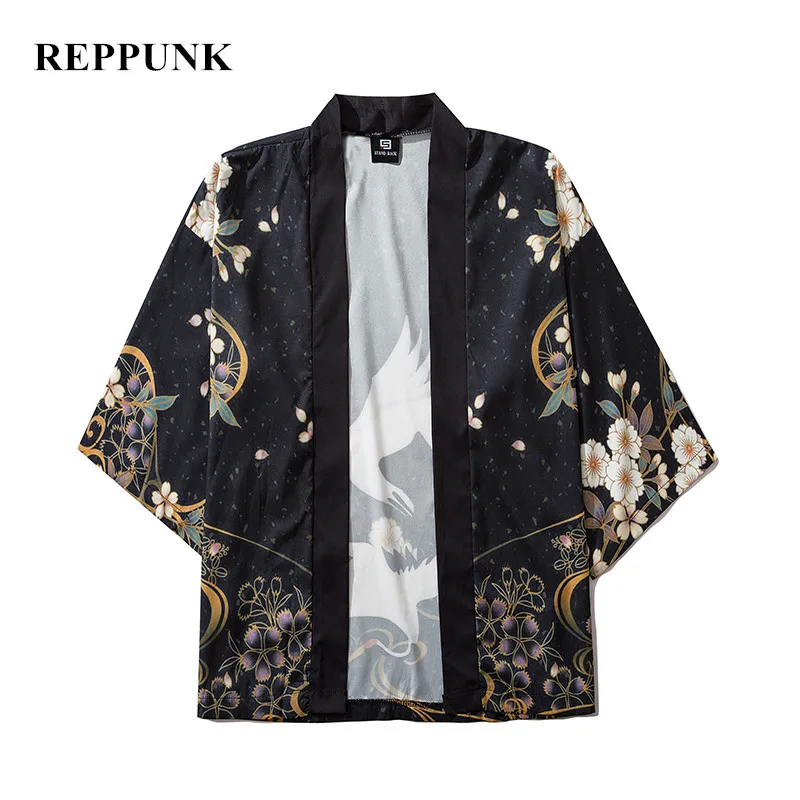 Летние мужские свободные белые кардиганы с рисунком журавлей и короткими