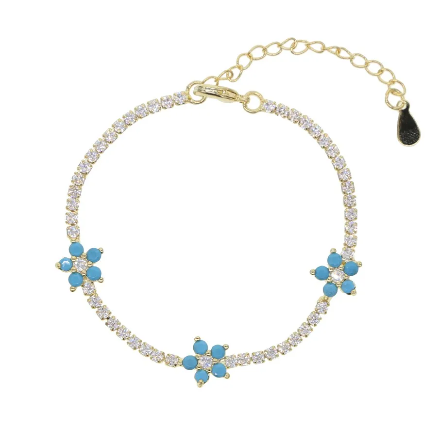 turquoise bracelet Новое поступление, элегантная тонкая цепочка для тенниса с фианитами, пастельный цветной цветок маргаритки, очаровательный женский браслет, ожерелье, ювелирный набор - Окраска металла: turquoise bracelet