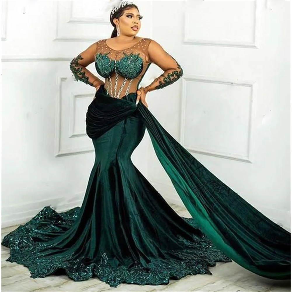 

Velvet Evening Dresses Illusion Long Sleeves Sheer Neck Sequins Appliques Lace Aso Ebi Prom Dress Side Train Hunter Green