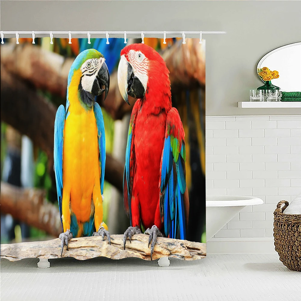 

High Quality Parrot Birds Pattern Fabric Shower Curtain Macaw Waterproof Bath Curtains for Bathroom Decor with 12 Hooks