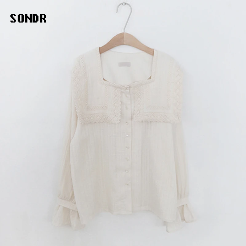 

New Female Shirt 2020 Korea Chic Sweet And Western Style Doll Collar Embroidery Lace Single-Breasted Loose Trumpet Sleeve Shirt