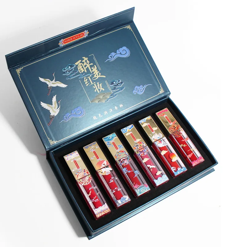 

6pcs Chinese style lip gloss set glitter tubes with wand lipgloss base gel kit Women Makeup Cosmetic gifts Long Lasting Matte