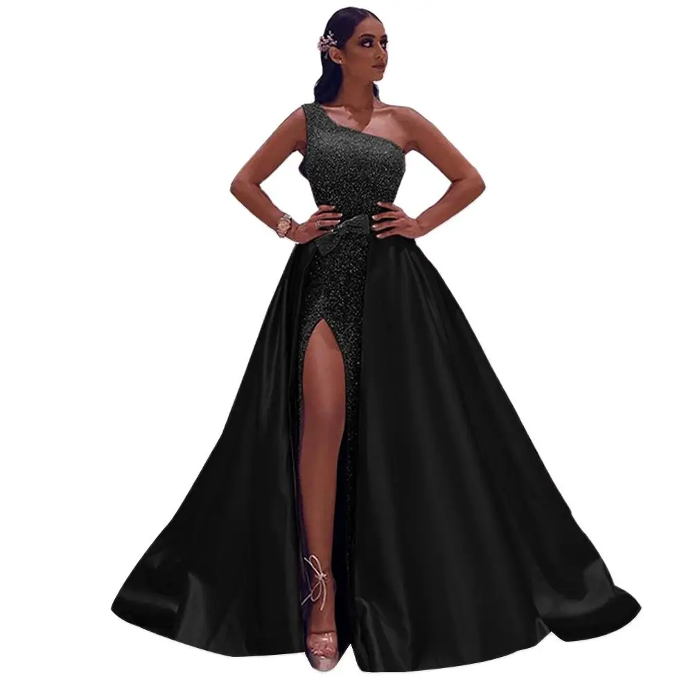 

Sexy Sequined Dress One Shoulder With Detachable Front High Split Dress Formal Cocktail Party Dress Women Evening Gowns 2021