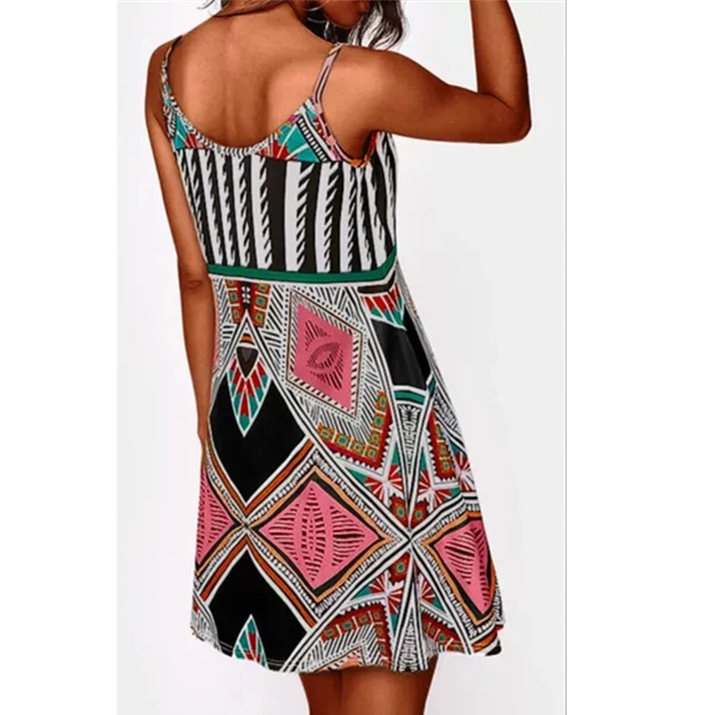 

Summer Boho Spaghetti Strap Vintage Print Beach Mini Dress Plus Size Women's Clothing Sleeveless Dresses Female Casual Sundress