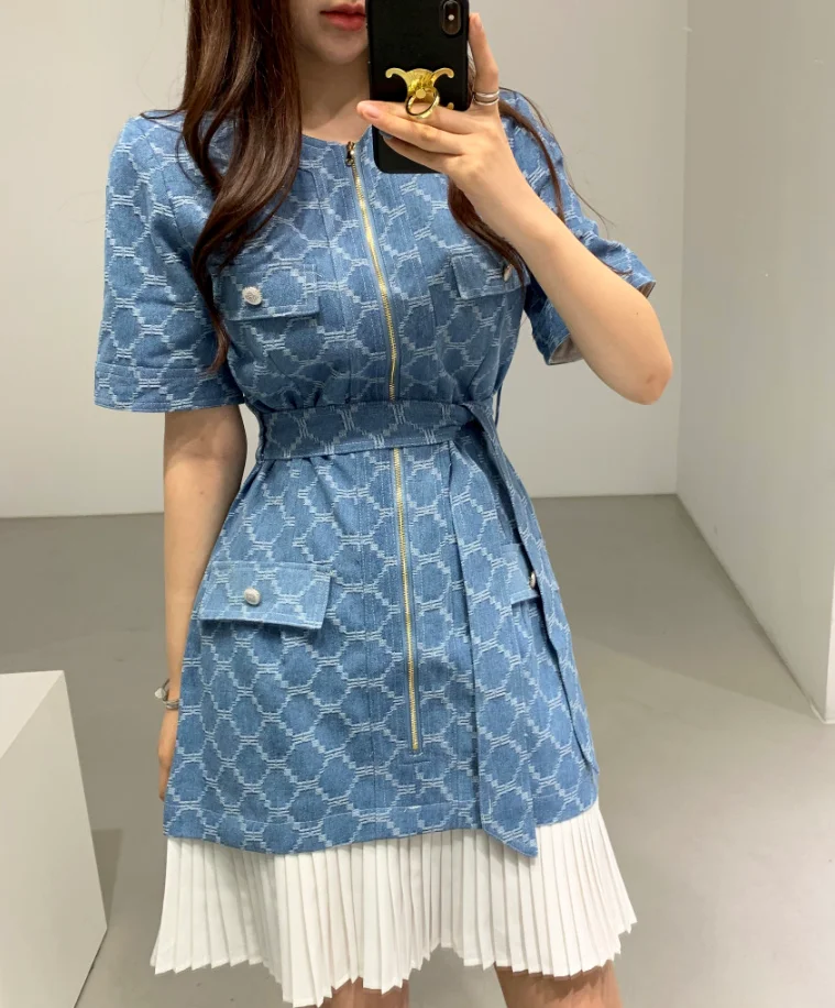

Summer Woman Knee Length Fashion Elegant Patchwork Pleated Dress with Sashes Short Sleeve Dresses YOU609