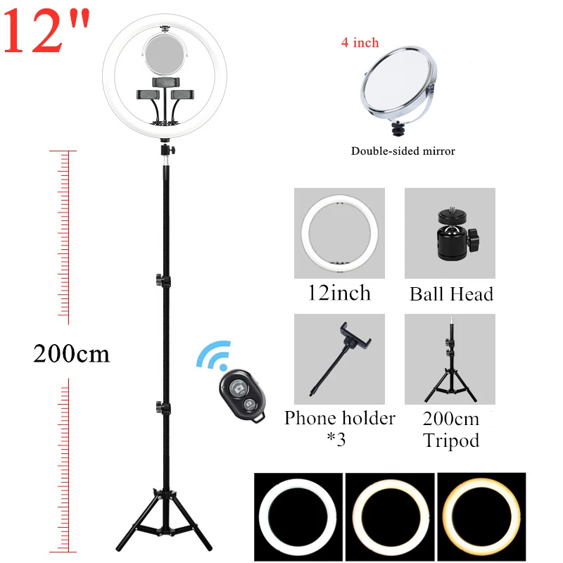 

12inch 30cm Selfie Light Ring Lamp LED Dimmable Ring Light with Tripod light Ringlight with mirror Stand for Youtube Live