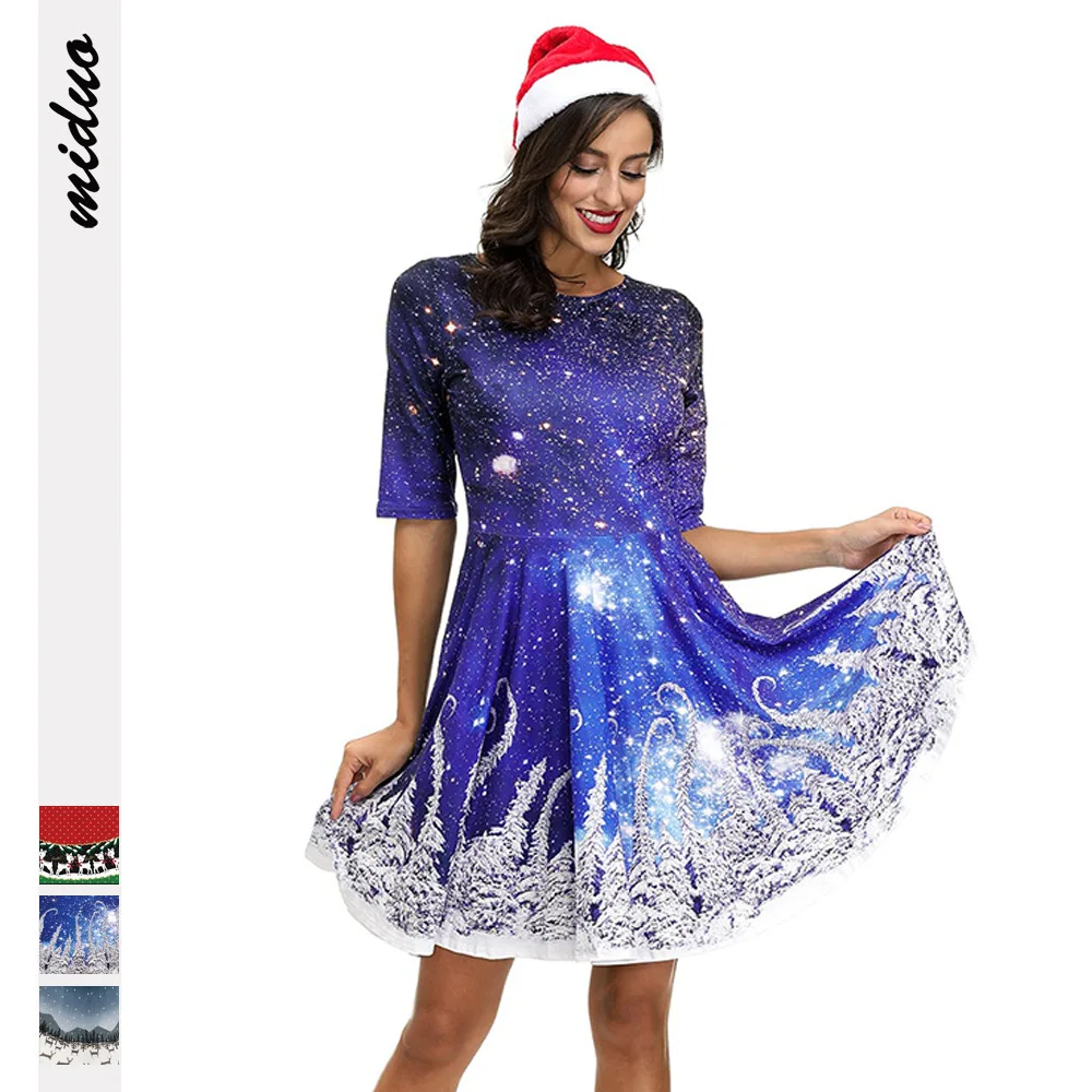 Miduo/рождественское платье для женщин с коротким рукавом и круглым вырезом Зимние