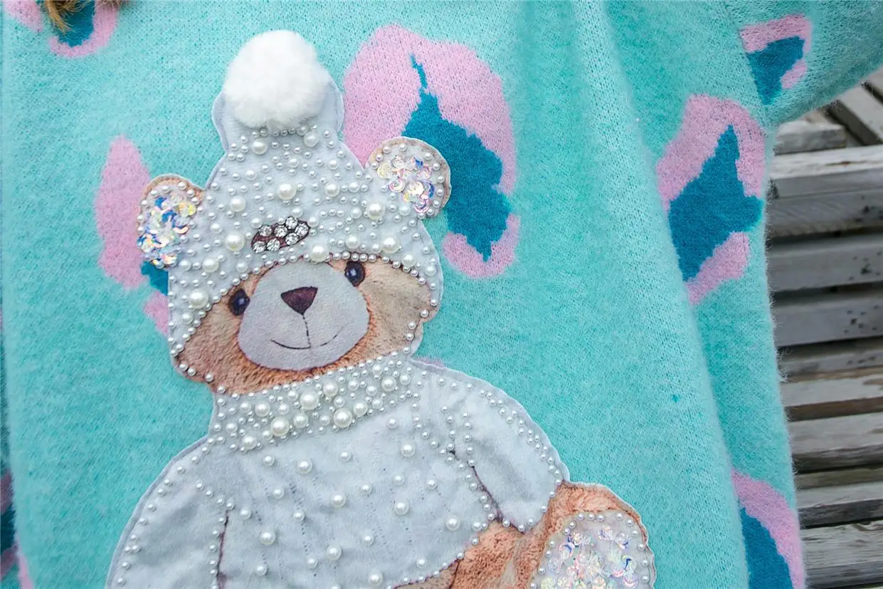 QING MO Red Green Cartoon Print Sweater Women 2020 Fall Winter Beading Decoration Pullover Knitted Coat Casual QYF163A | Женская одежда