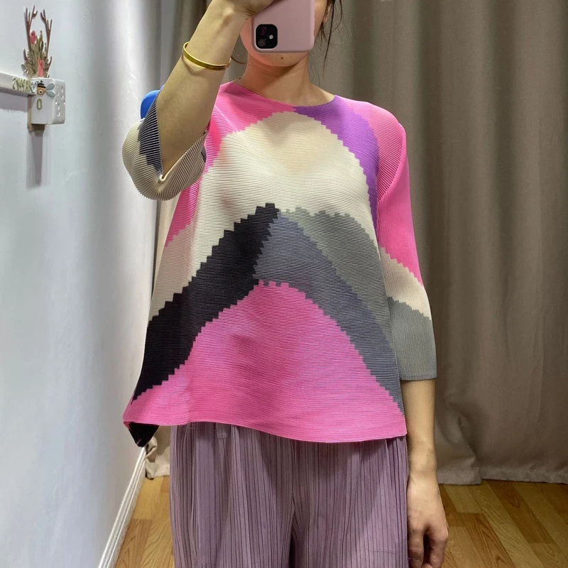 

HOT SELLING Miyake FASHION fold patchwork three quarter o-neck T-shirt IN STOCK