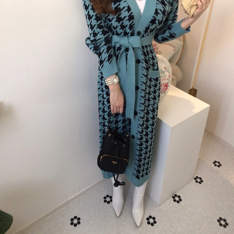 

2020 Autumn Houndstooth Knitted Long Cardigans Sweaters Women Long Sleeve Singe-breasted V-neck Sashes Vintage Fashion Tops