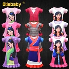 2020 платье Мулан с оборками для девочек на Хеллоуин, детский Карнавальный костюм для девочек с мультипликационным принтом Мулан табард, ретро Китайский традиционный костюм ханьфу Мулан