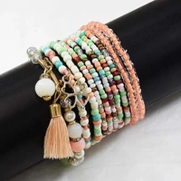9pcsset new trendy charming rice bead bracelets with leaf pendant bohemian bracelet bangles for women jewelry accessory