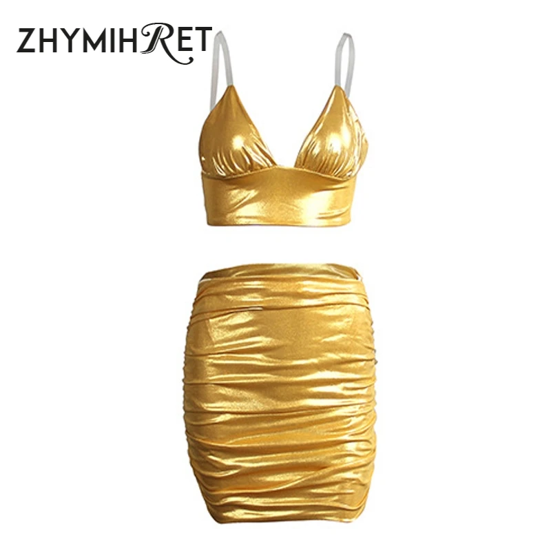 ZHYMIHRET Sumer золотой топ на бретелях и юбка комплект женский сексуальный укороченный