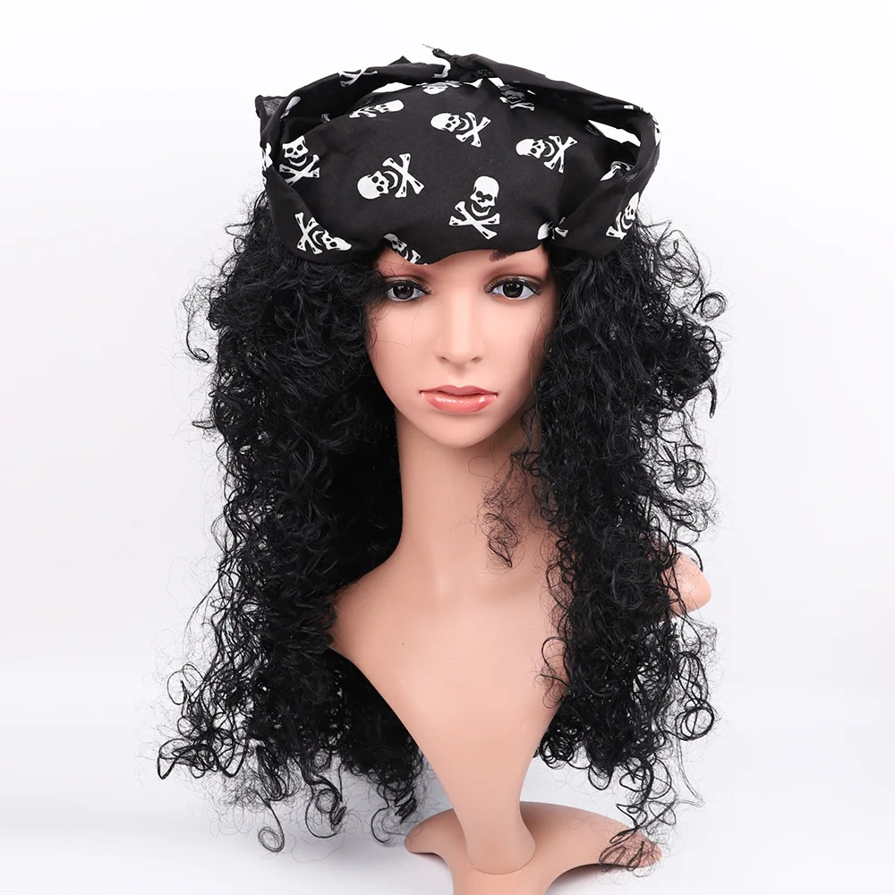 

Halloween Party Pirate Wig Holiday Black Flower Skull Turban Curly Hair Cosplay Wig