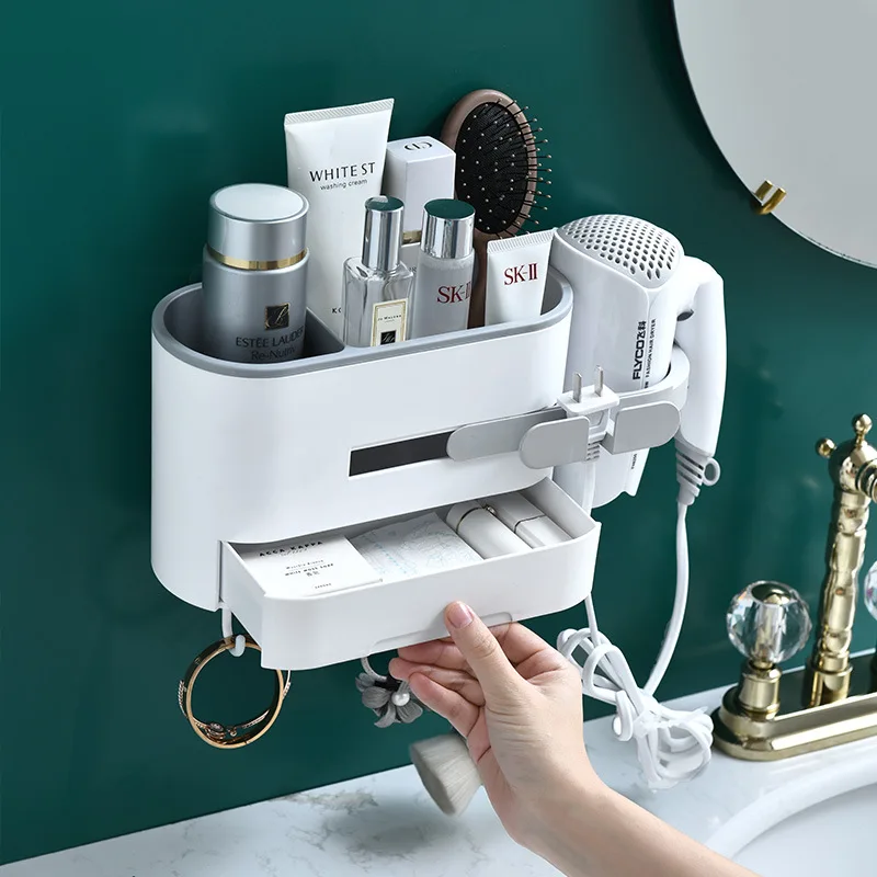 

Многофункциональная полка для хранения в ванной комнате без перфорации настенная полка для фена для волос коробка для хранения косметики