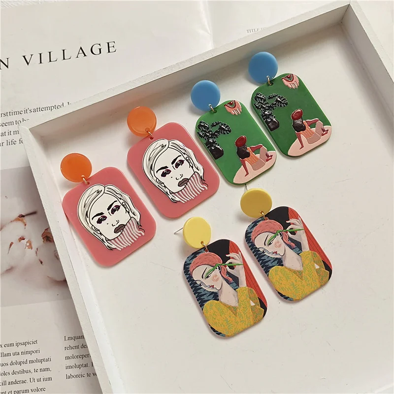 

Acrylic three-dimensional relief portrait printing pattern earrings female candy color graffiti cute earrings jewelry wholesale