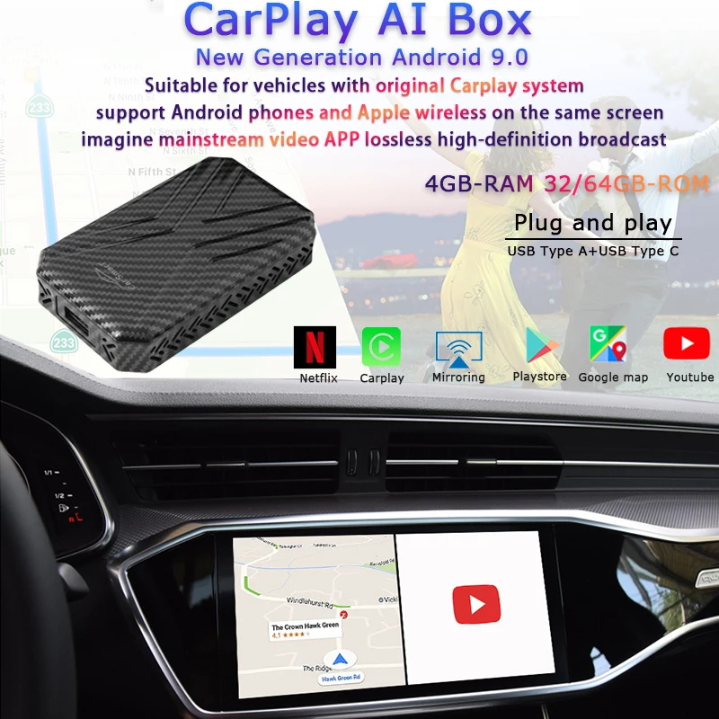 

Carplay Car Ai Box Wireless Adapter Android 9.0 Radio Support Mobile Mirroring Split Screen suitable For BMW Audi Plug And Play
