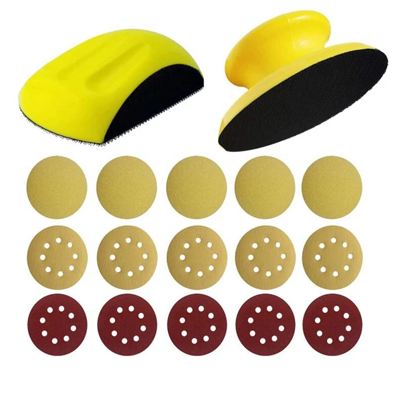 

2Pcs 5Inch Sanding Disc Holder Hand Grinding Block Sand Paper Backing Polishing Pad PU Foam and Round Sandpaper for Wood