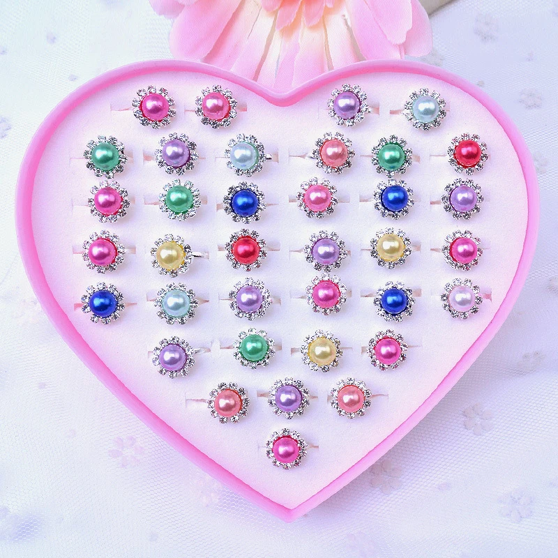 

36 PCS/Set Girls Toys Adjustable Plastic Rings Jewelry Children Girl Gift Heart Crystal Ring Set New Year Birthday Gift