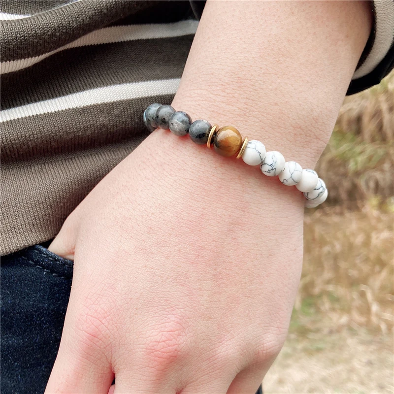 Модный мужской браслет натуральный круглый лабрадорит каменные бусины белый с