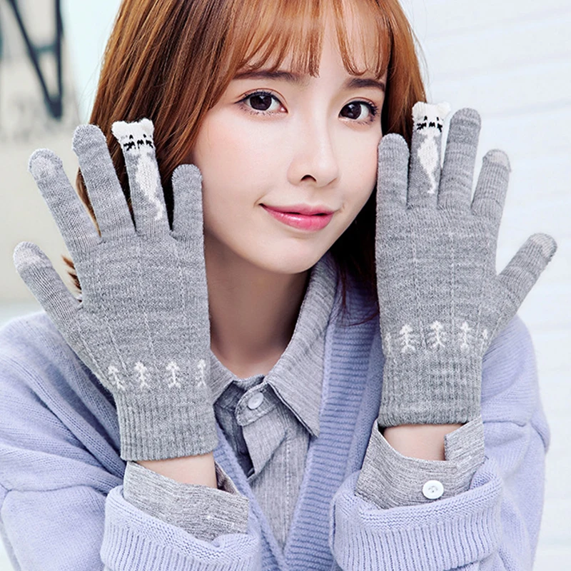 Новые Теплые зимние вязаные перчатки с пальцами варежки женские милые
