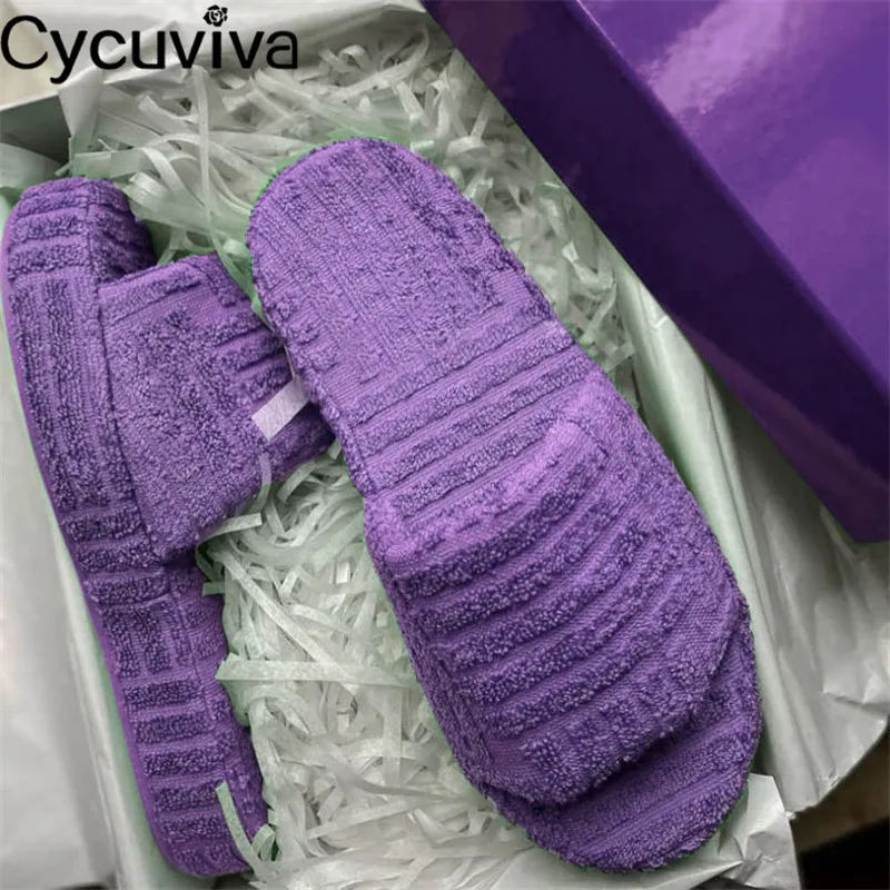

Purple Towel fabric Flat Slippers Women Open Toe indoor Home Flat Mules Casual Shoes 2021 Summer Hot sale Flat Slippers Mujer