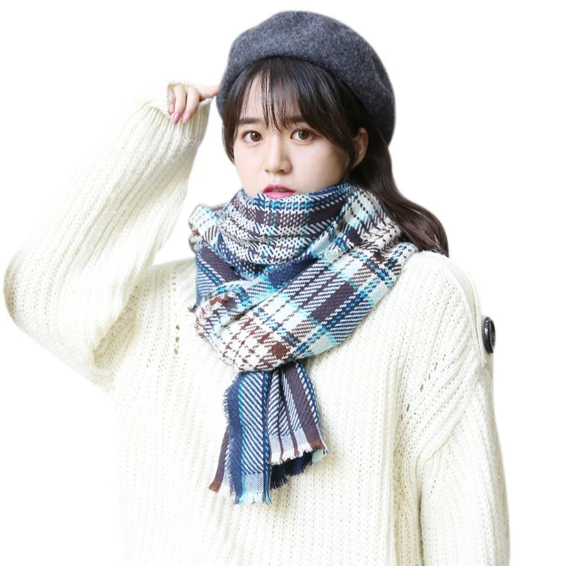 Женский осенне-зимний клетчатый шарф из искусственного кашемира японский и южнокорейский вязаный жаккардовый теплый шарф средней длины