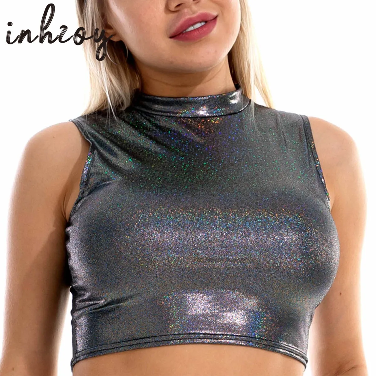 

Блестящие женские металлические танцевальные майки для фестиваля