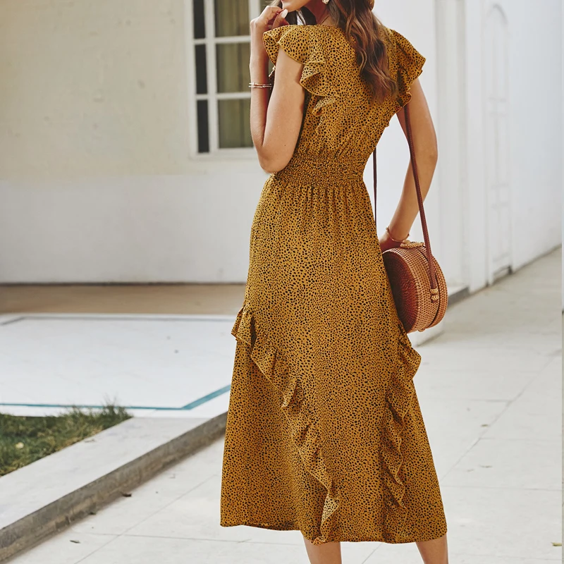

Fashion Dot Print Boho Dress Summer Women Ruffles O-Neck Sleeveless Cottagecore Dresses Elegant Beach Party One-Shoulder Robe