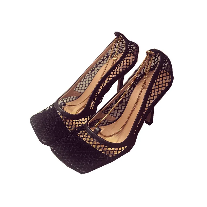 

heel thin heel small square sandals tide 2020 mesh hollow chain high