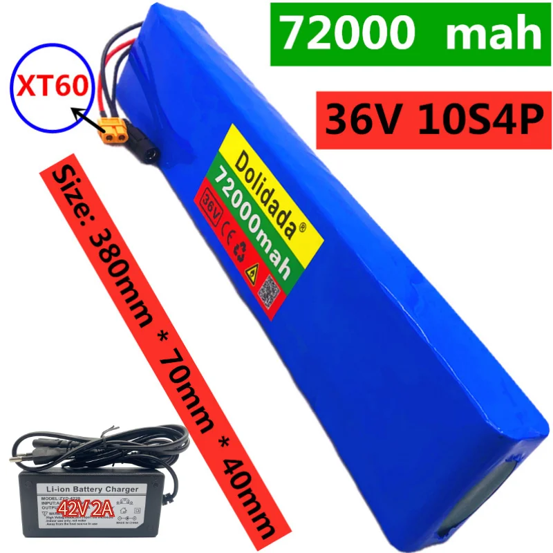 

36V 10S4P 72Ah600W High power 72Ah capacity 18650 lithium battery pack ebike electric car bicycle motor scooter 20A BMS+charger