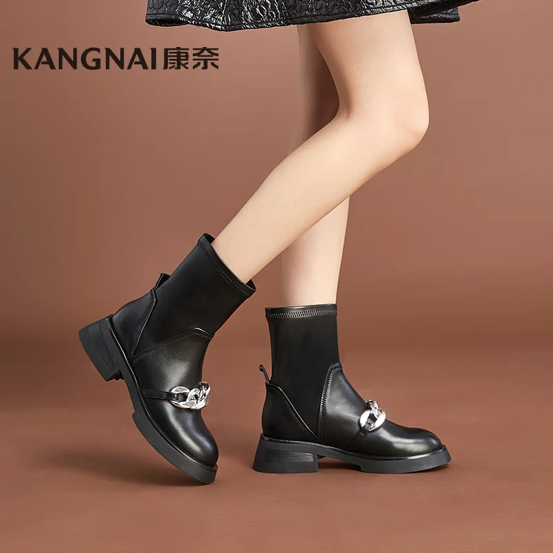 

KANGNAI Stretch Boots Women Shoes Plush Platform Cow Leather Metal Chain Winter Warm Shoes Fashion Ladies Modern Ankle Boots
