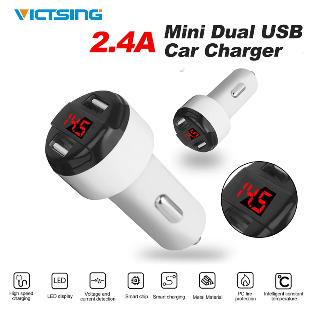 VicTsing 2.4A Мини Автомобильное зарядное устройство двойной USB светодиодный дисплей